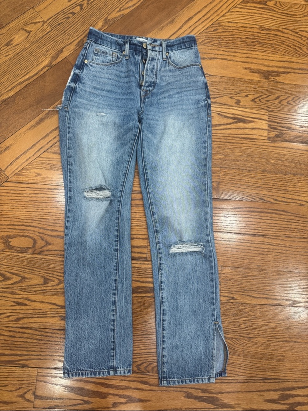 Good American Straight Leg Distressed Blue Jeans